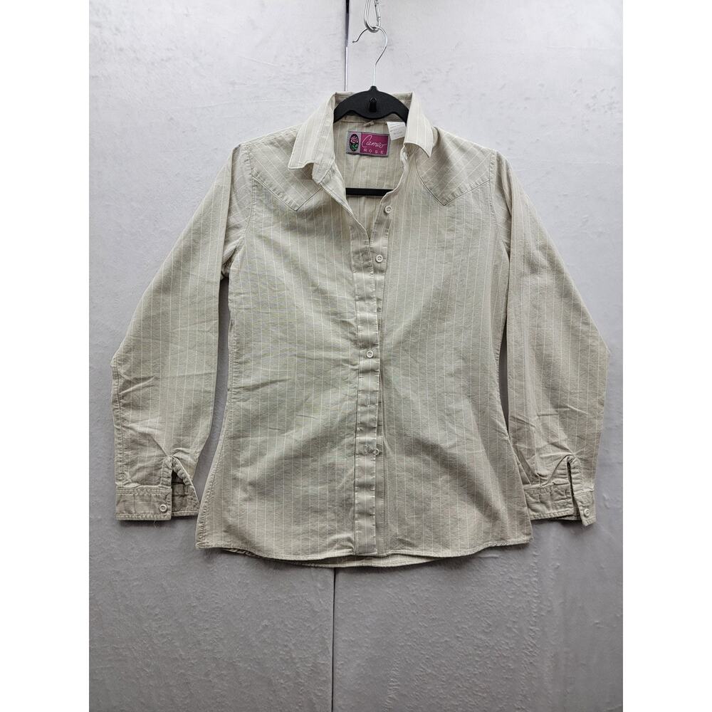 Cameo Rose Tan with white striped long sleeve button down top, size 9/10